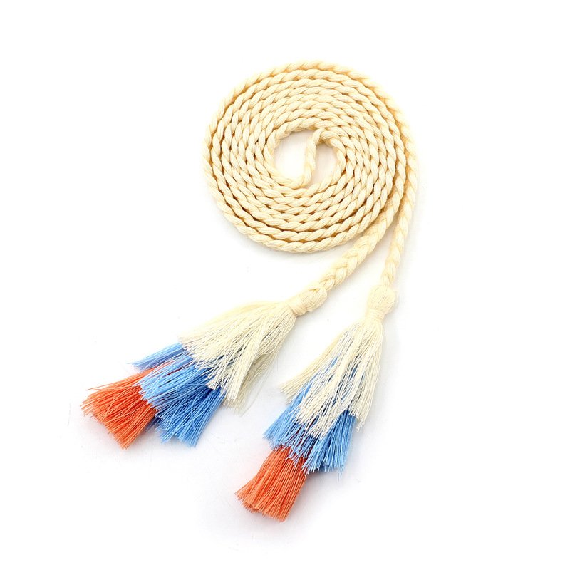 Hot Casual Women Waist Belt Rope Braided Woven Tassel Thin Belt Female Knot Decorated Waistband Solid Black Belts