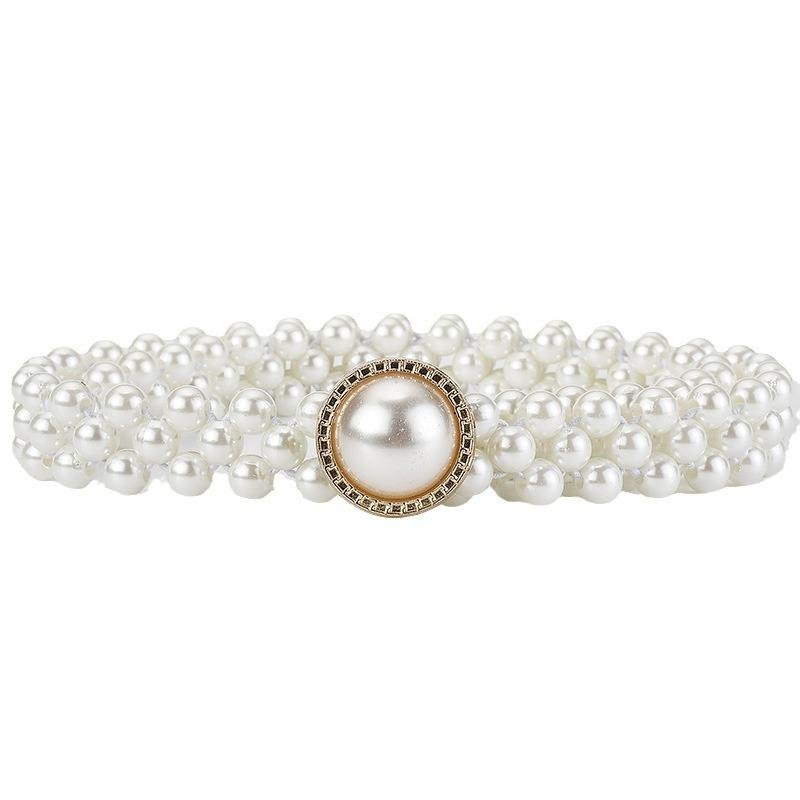 Dress Decoration Waistbands Elastic Buckle Beaded Girdle Pearls Waist Belts For Women
