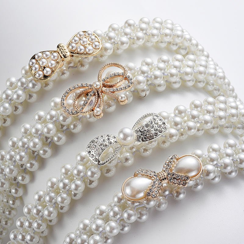 Dress Decoration Waistbands Elastic Buckle Beaded Girdle Pearls Waist Belts For Women
