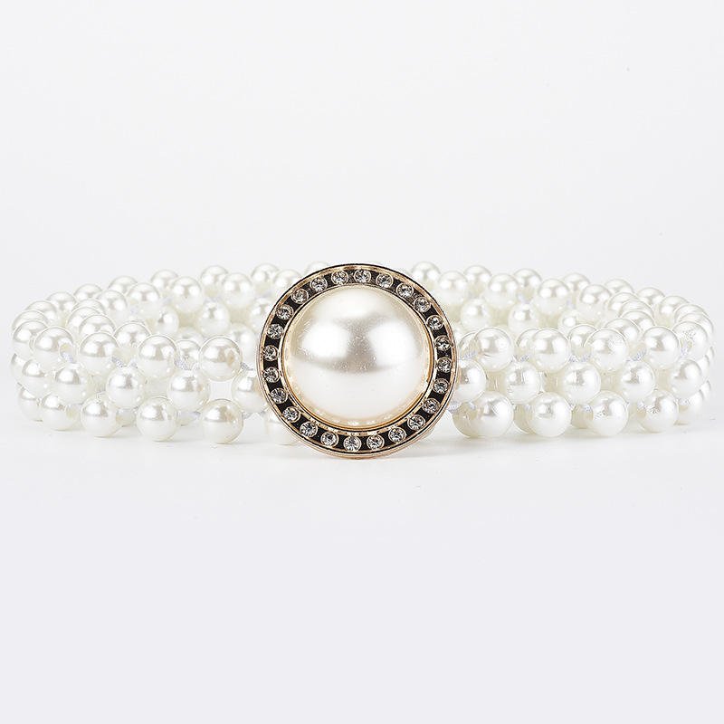 Dress Decoration Waistbands Elastic Buckle Beaded Girdle Pearls Waist Belts For Women