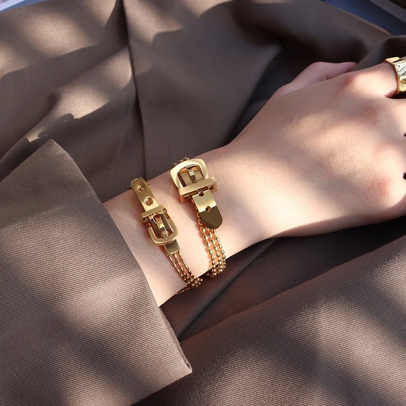 High Quality Titanium Steel Belt Buckle Bracelet Three Layer Rice Beads Chain Bracelet