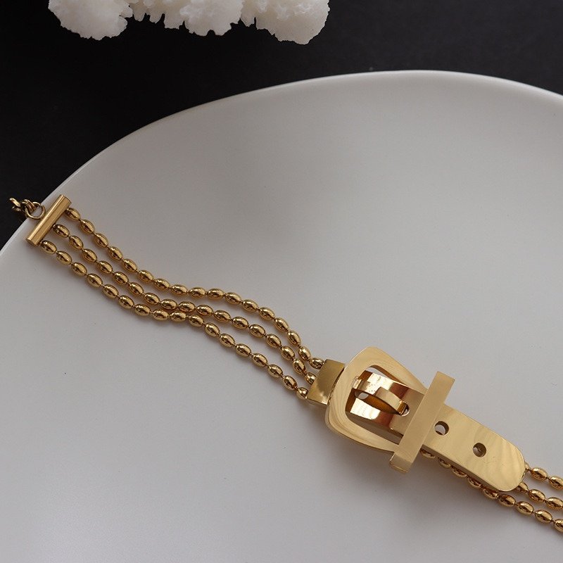 High Quality Titanium Steel Belt Buckle Bracelet Three Layer Rice Beads Chain Bracelet