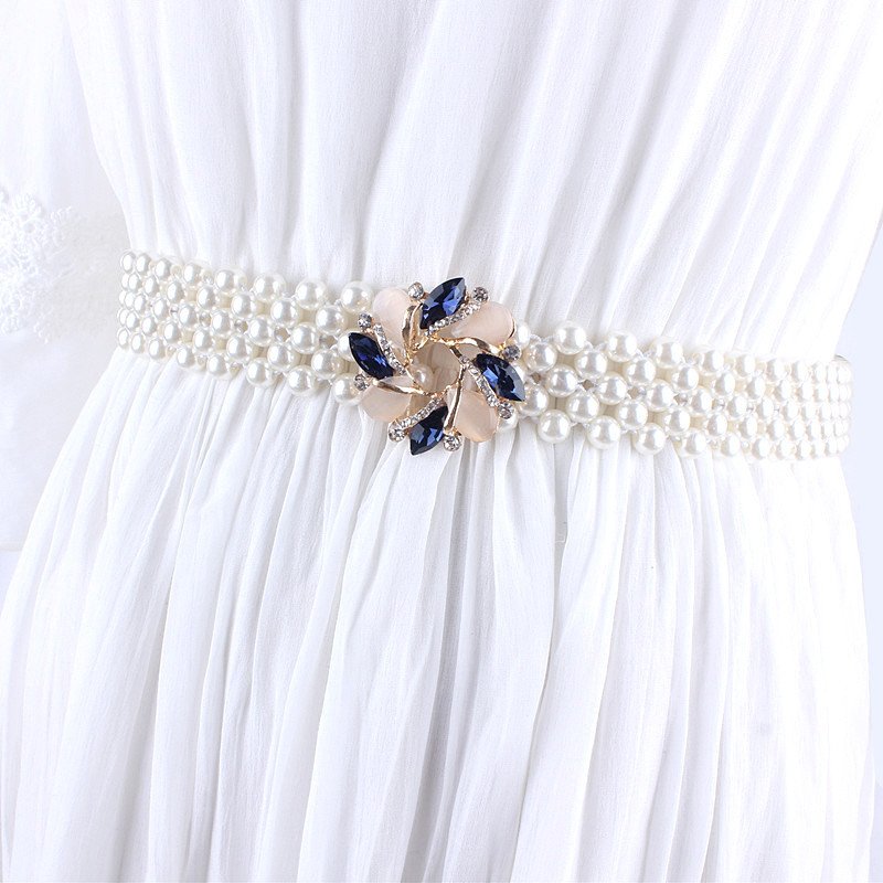 Ladies Fashion Thin Elastic Waist Belt Pearl Bow with Rhinestone Temperament Female Targeted Waist Chain Targeted Manufacturer