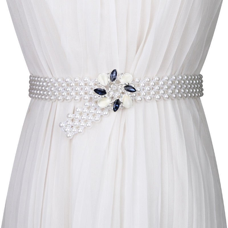Ladies Fashion Thin Elastic Waist Belt Pearl Bow with Rhinestone Temperament Female Targeted Waist Chain Targeted Manufacturer