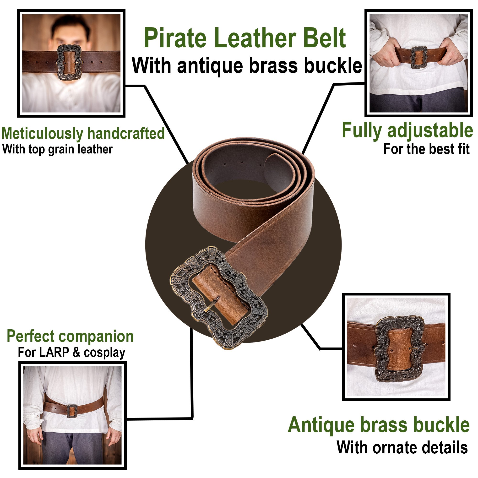 Embossed PU Leather O Ring Belt Viking Costume LARP Accessories Medieval Men's Belt with Belt Category Premium quality