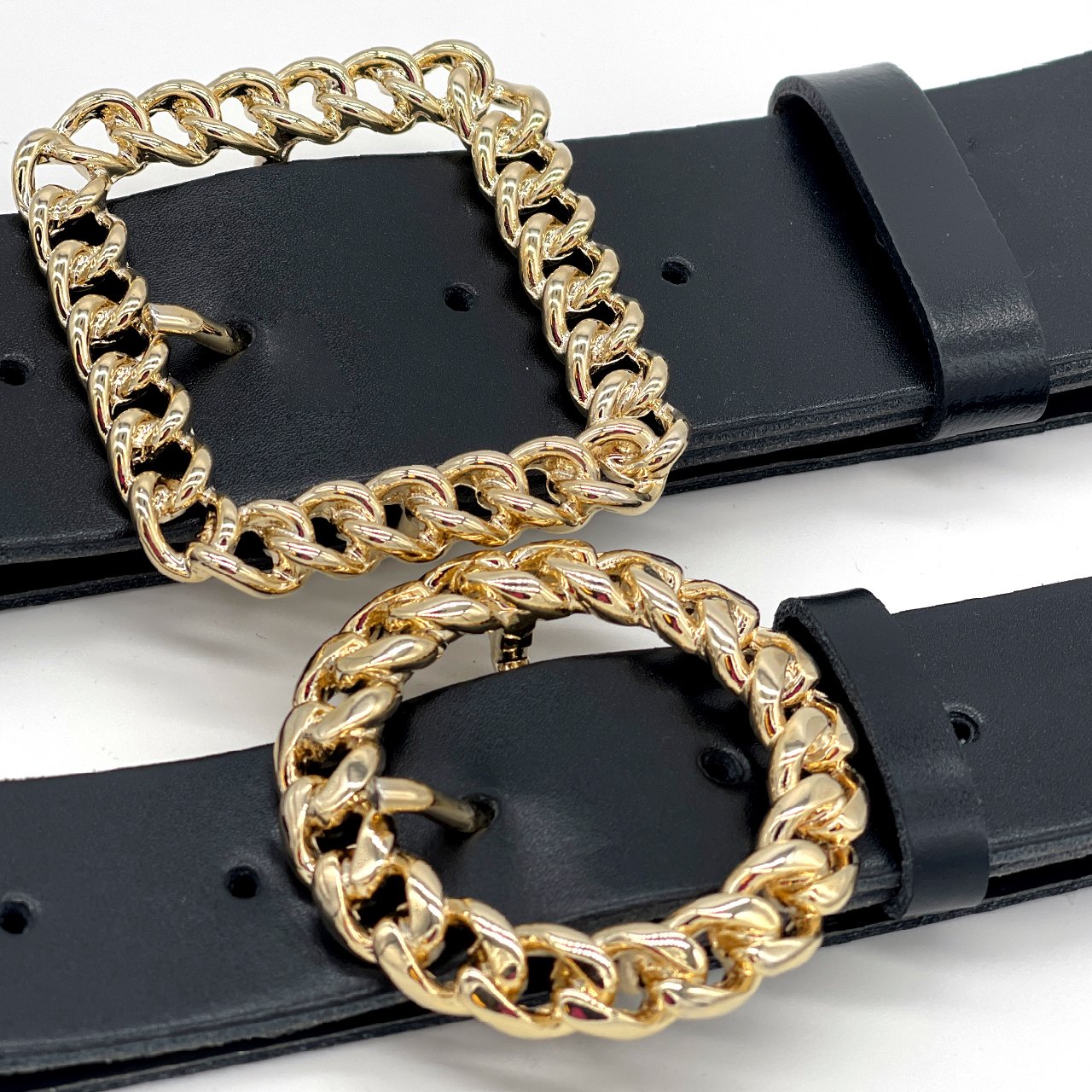 Premium quality Genuine Leather Fashion Woman Belt Made in Italy with lt gold chain rounded buckle