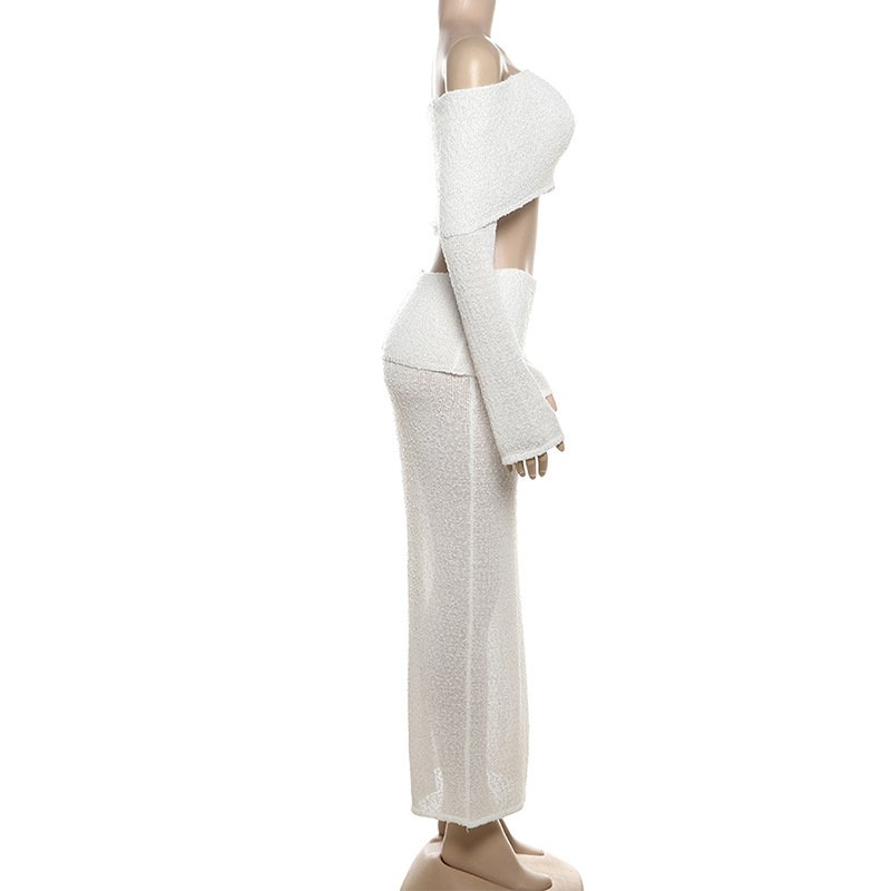 STOCK Off Shoulder Long Sleeve Women'S Two Pieces Set Bandeau Top Long Skirt Knitted Set Beachwear