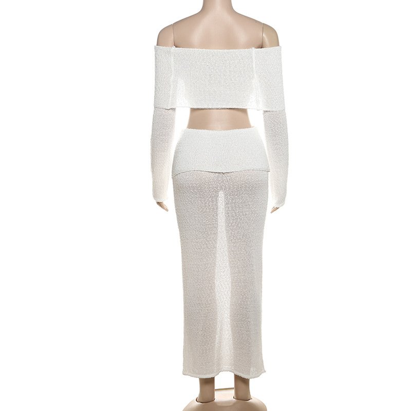 STOCK Off Shoulder Long Sleeve Women'S Two Pieces Set Bandeau Top Long Skirt Knitted Set Beachwear