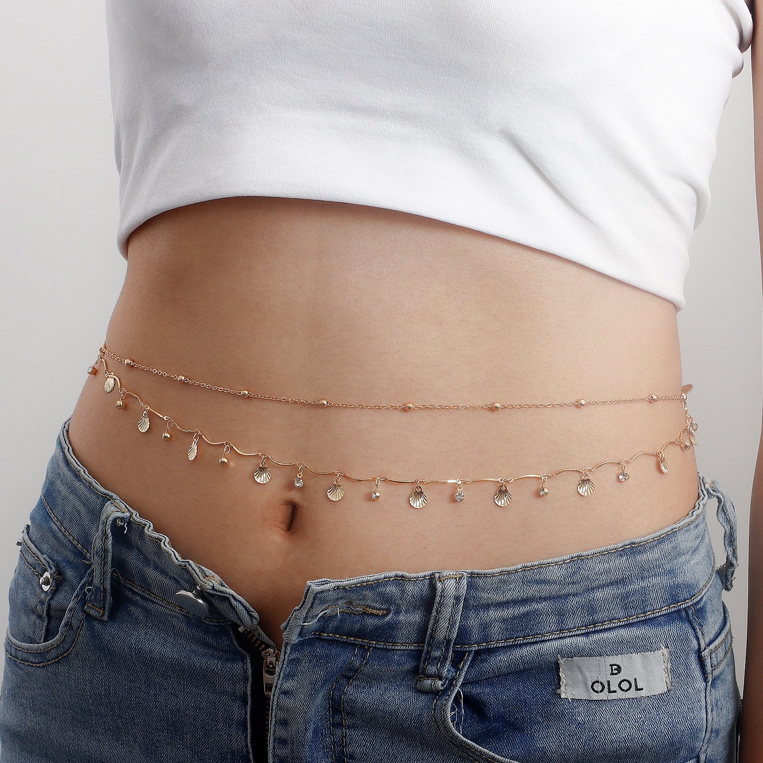 Sexy cool girl simple metal body chain niche scallop zircon all-match belly chain jewelry accessories