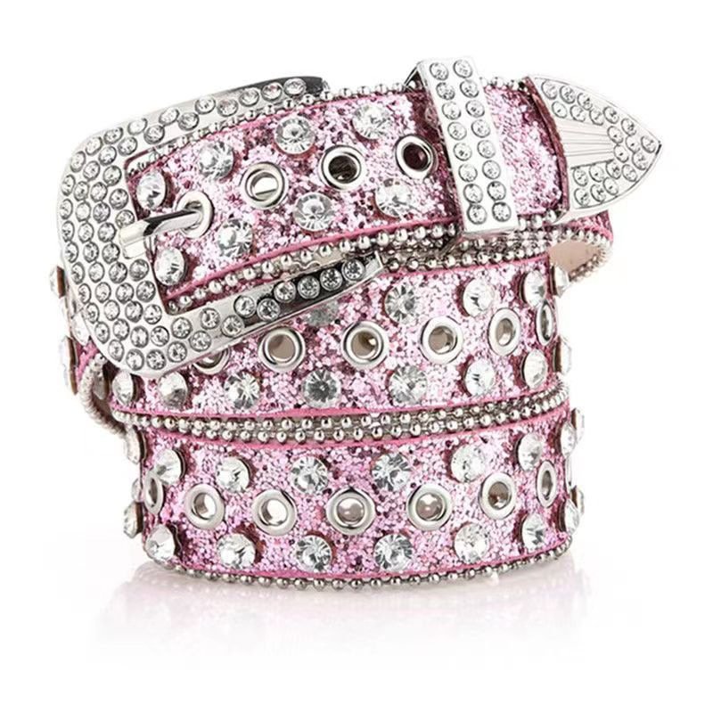 Wholesale Ladies' Fashion Versatile Street Jeans Belt New Wide Belt Rhinestone Inlaid Decoration PU Leather Material Alloy