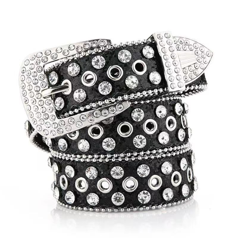 Wholesale Ladies' Fashion Versatile Street Jeans Belt New Wide Belt Rhinestone Inlaid Decoration PU Leather Material Alloy