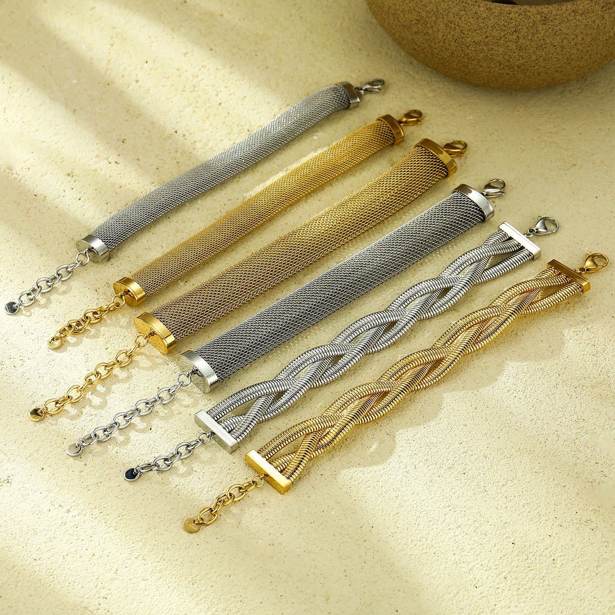 NIMAI Big Statement Bracelet 316L Stainless Steel Metal Skeleton Weave Wide Bangles 3 Layers Braided Fashion Jewelry