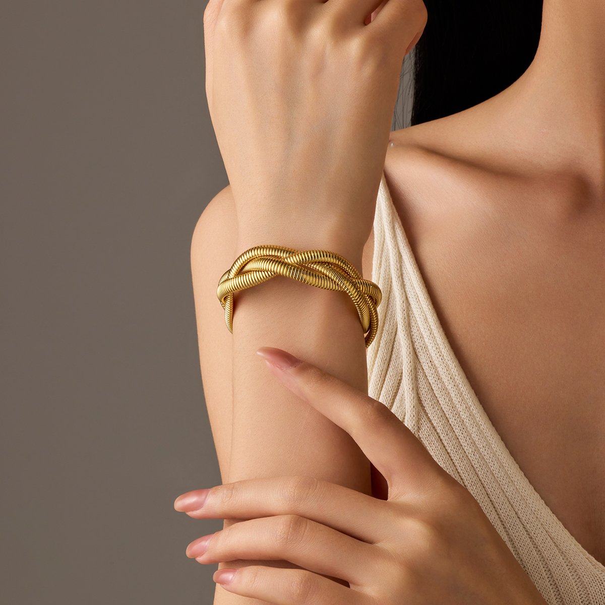 NIMAI Big Statement Bracelet 316L Stainless Steel Metal Skeleton Weave Wide Bangles 3 Layers Braided Fashion Jewelry