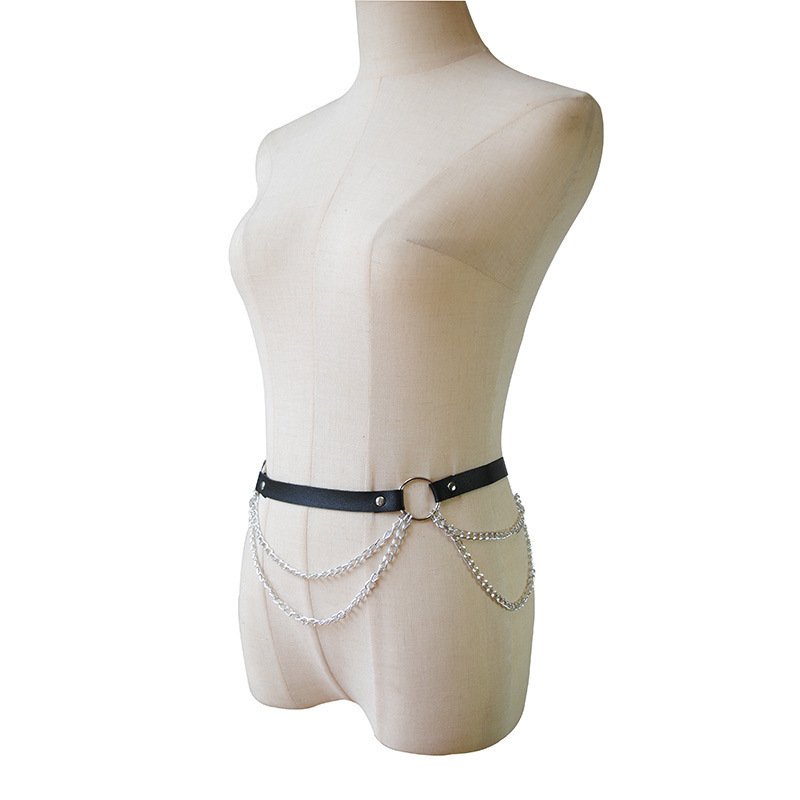 Punk Choker Leather Belt Restraint Belt Double Layer Sexy Metal Body Waist Chain Plus Size Circle Chain Belt