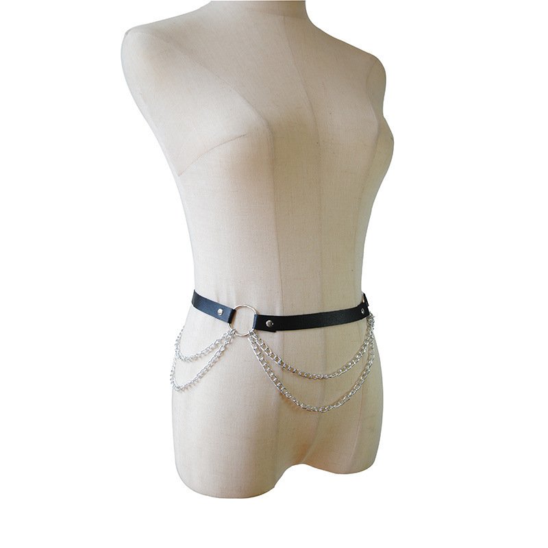 Punk Choker Leather Belt Restraint Belt Double Layer Sexy Metal Body Waist Chain Plus Size Circle Chain Belt