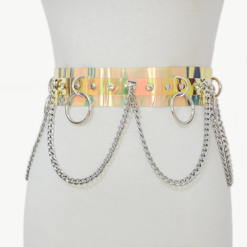 Women Punk Pu Leather Skinny Waist Belt Lady Gothic Rhinestone Belt With Chain For Party Dress