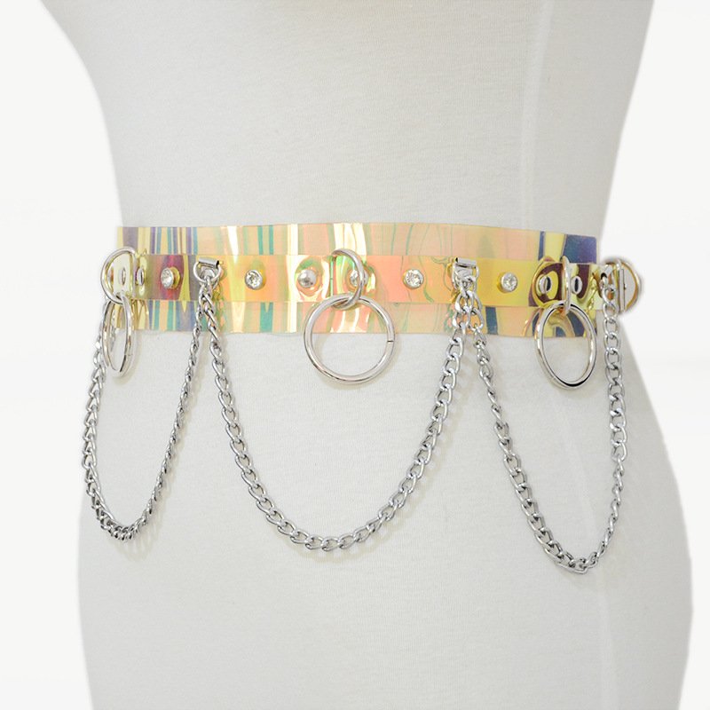 Women Punk Pu Leather Skinny Waist Belt Lady Gothic Rhinestone Belt With Chain For Party Dress