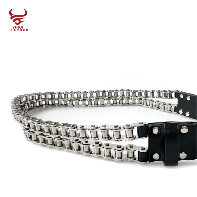Designer Biker Rocker Punk Bicycle Chains Waist Belt Black Heavy Motorcycle Chain Genuine Leather Y2K Belt For Men