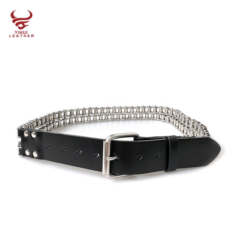 Designer Biker Rocker Punk Bicycle Chains Waist Belt Black Heavy Motorcycle Chain Genuine Leather Y2K Belt For Men
