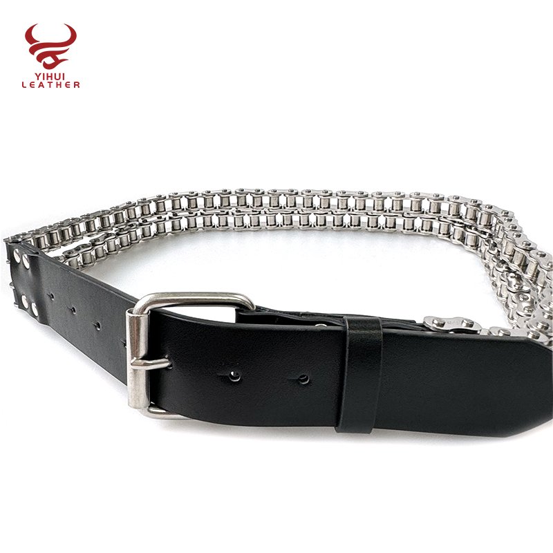 Designer Biker Rocker Punk Bicycle Chains Waist Belt Black Heavy Motorcycle Chain Genuine Leather Y2K Belt For Men