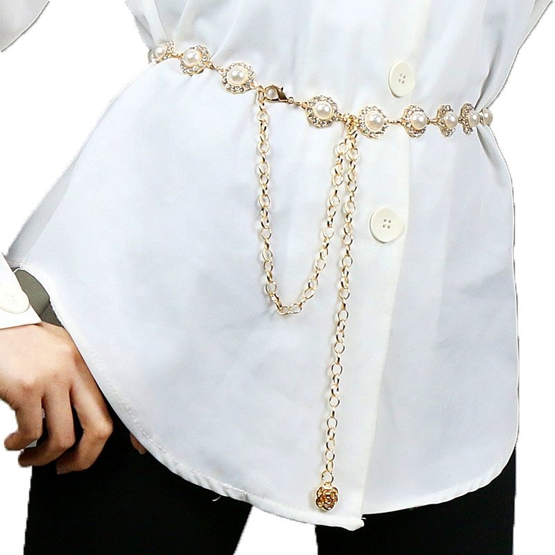 Women's Dress with Waistband Fashion Accessories, Pearl Metal Chain, Belt with Diamond Waist Chain