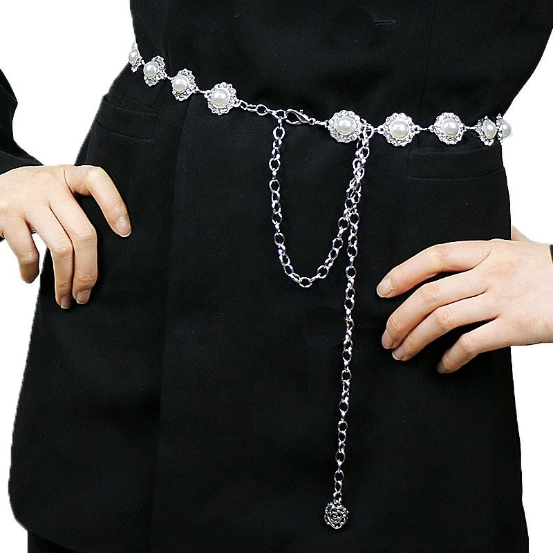 Women's Dress with Waistband Fashion Accessories, Pearl Metal Chain, Belt with Diamond Waist Chain