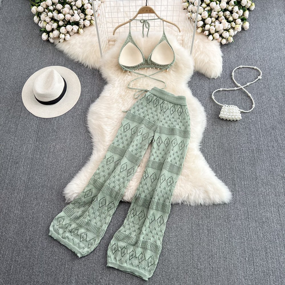 STOCK 4Colors With Pad Crochet Bikini Top Hollow Out Pant Knit Women Two Pieces Set Beachwear Outfits