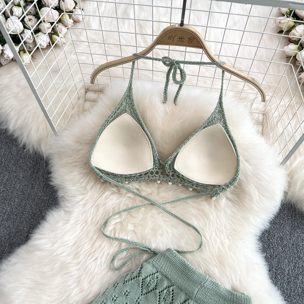 STOCK 4Colors With Pad Crochet Bikini Top Hollow Out Pant Knit Women Two Pieces Set Beachwear Outfits