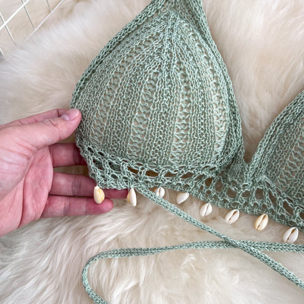 STOCK 4Colors With Pad Crochet Bikini Top Hollow Out Pant Knit Women Two Pieces Set Beachwear Outfits