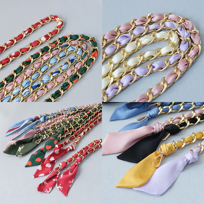 RW 47.2" Long Metal Silk Scarf Woven Bag Chain Crossbody Shoulder Mobile Phone Lanyard Clutch Handbag Purse Handle Decoration
