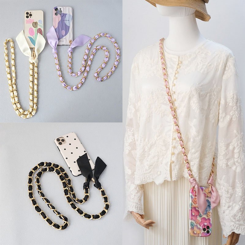 RW 47.2" Long Metal Silk Scarf Woven Bag Chain Crossbody Shoulder Mobile Phone Lanyard Clutch Handbag Purse Handle Decoration