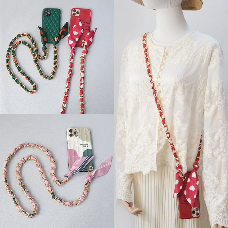 RW 47.2" Long Metal Silk Scarf Woven Bag Chain Crossbody Shoulder Mobile Phone Lanyard Clutch Handbag Purse Handle Decoration