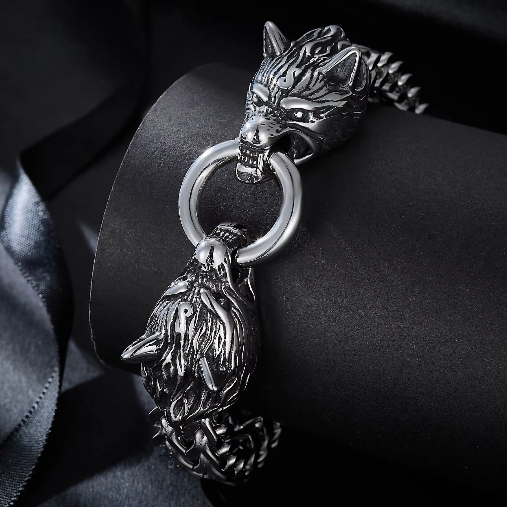 Punk Style Jewelry Man Party Gift Wolf Head Shape Chunky Stainless Steel Nordic Emperor Chain Belt Spring Buckle Link Bracelet