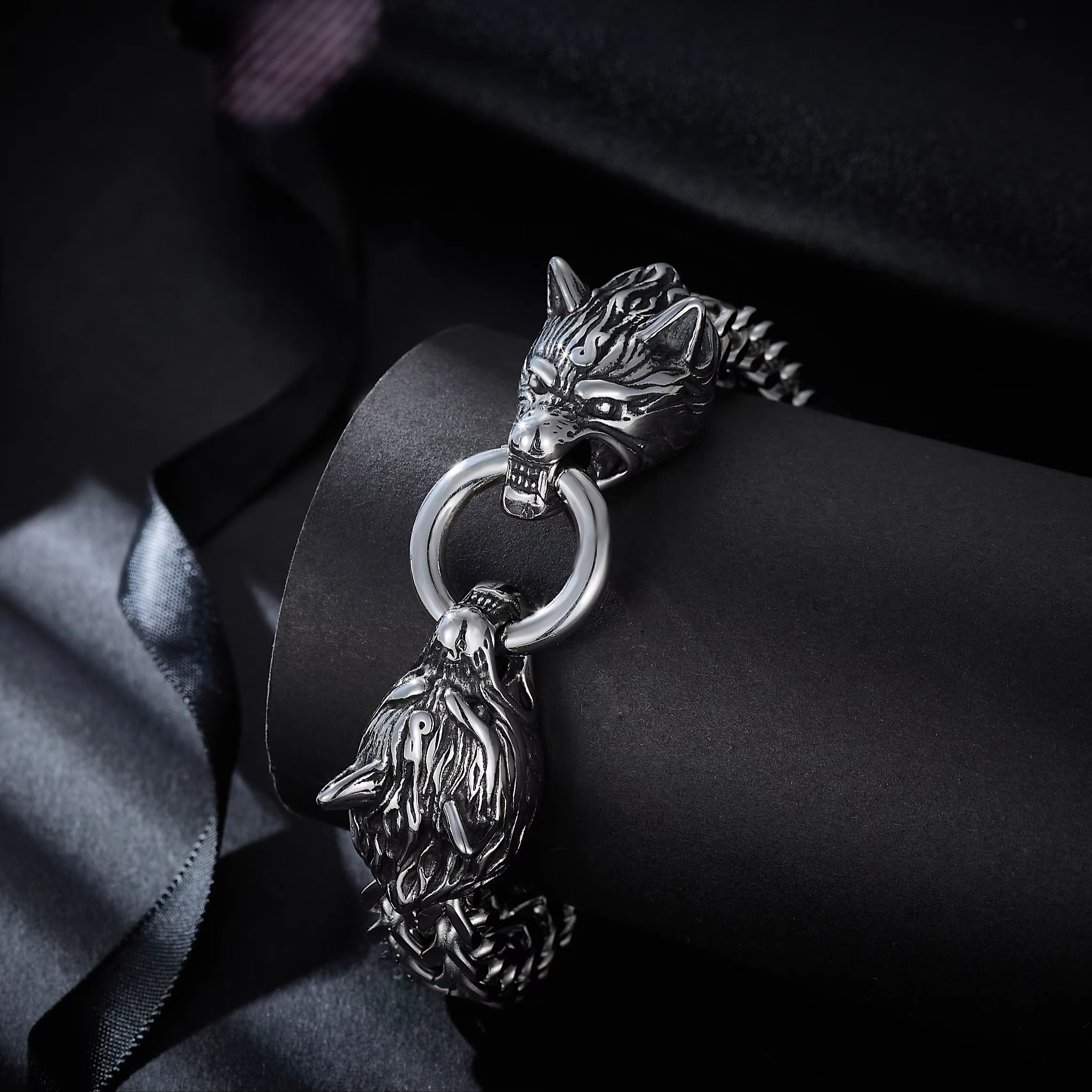 Punk Style Jewelry Man Party Gift Wolf Head Shape Chunky Stainless Steel Nordic Emperor Chain Belt Spring Buckle Link Bracelet