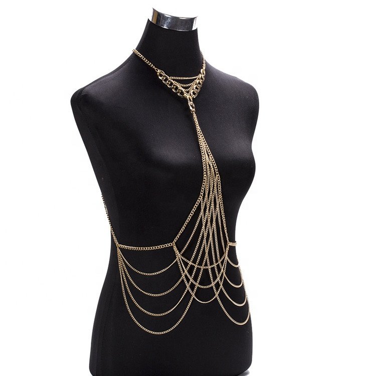 Punk Style Thick Chain Sexy Bikini Long Body Chain Bikini Body Chains Lingerie Trendy OPP Bag Women's Pearl Alloy Body Jewelry