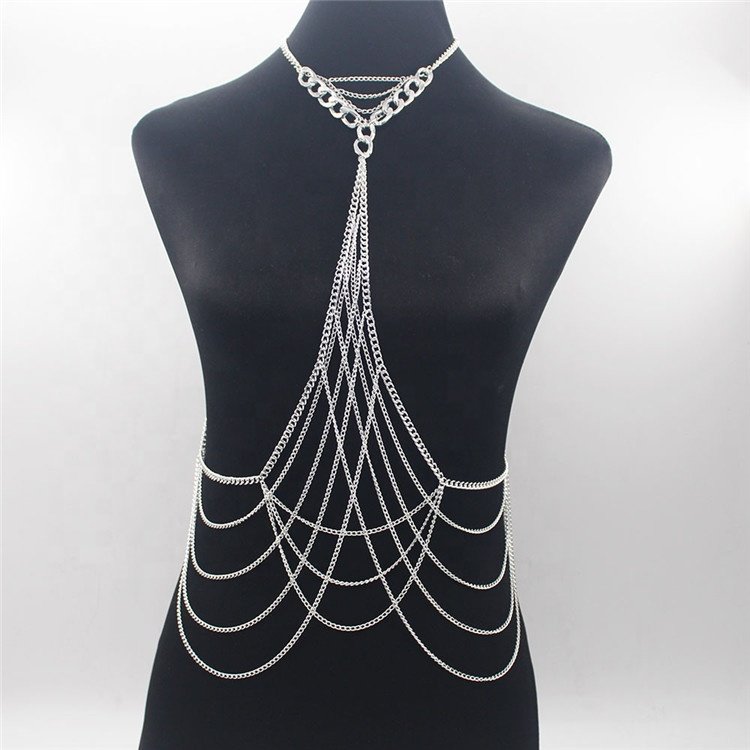 Punk Style Thick Chain Sexy Bikini Long Body Chain Bikini Body Chains Lingerie Trendy OPP Bag Women's Pearl Alloy Body Jewelry