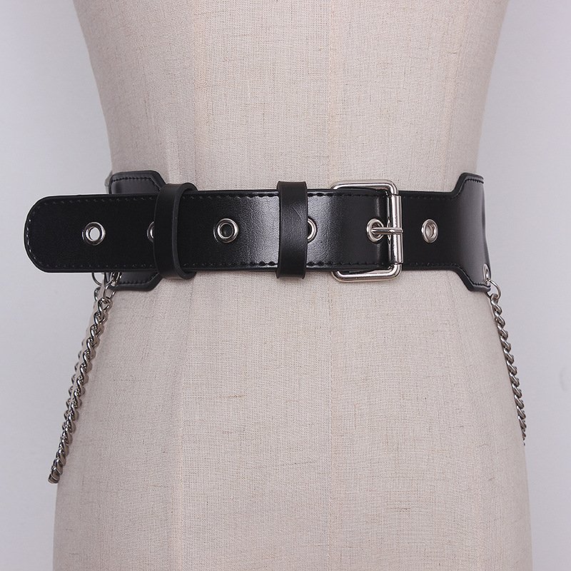 Women Fashion Punk Belts Chain For Double Layer Genuine Leather Belt Pin Buckle Clothing Decorative