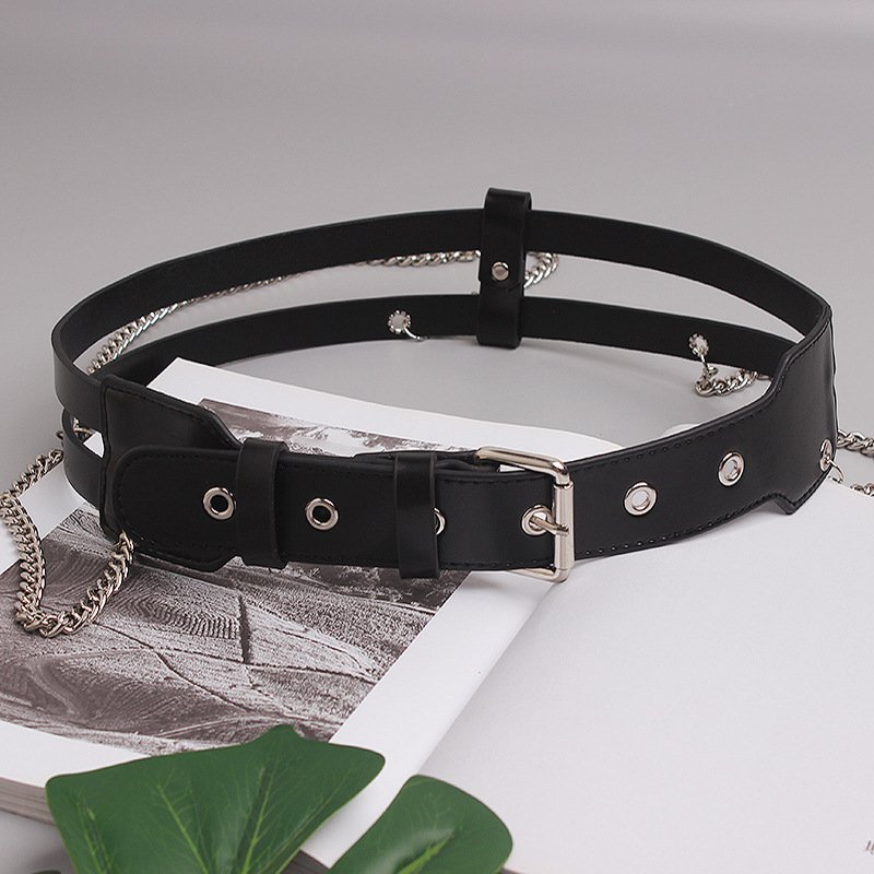 Women Fashion Punk Belts Chain For Double Layer Genuine Leather Belt Pin Buckle Clothing Decorative