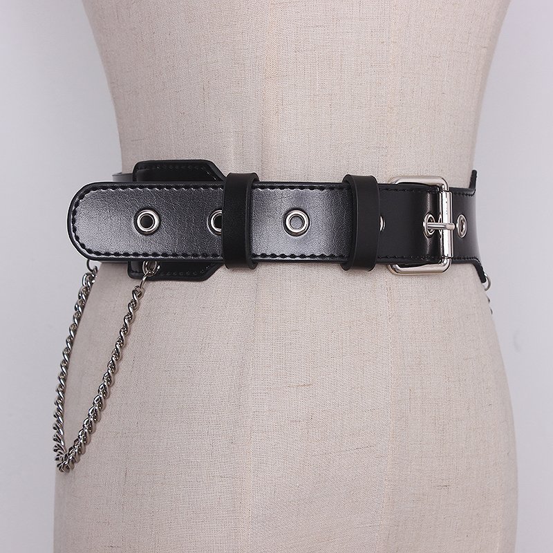 Women Fashion Punk Belts Chain For Double Layer Genuine Leather Belt Pin Buckle Clothing Decorative