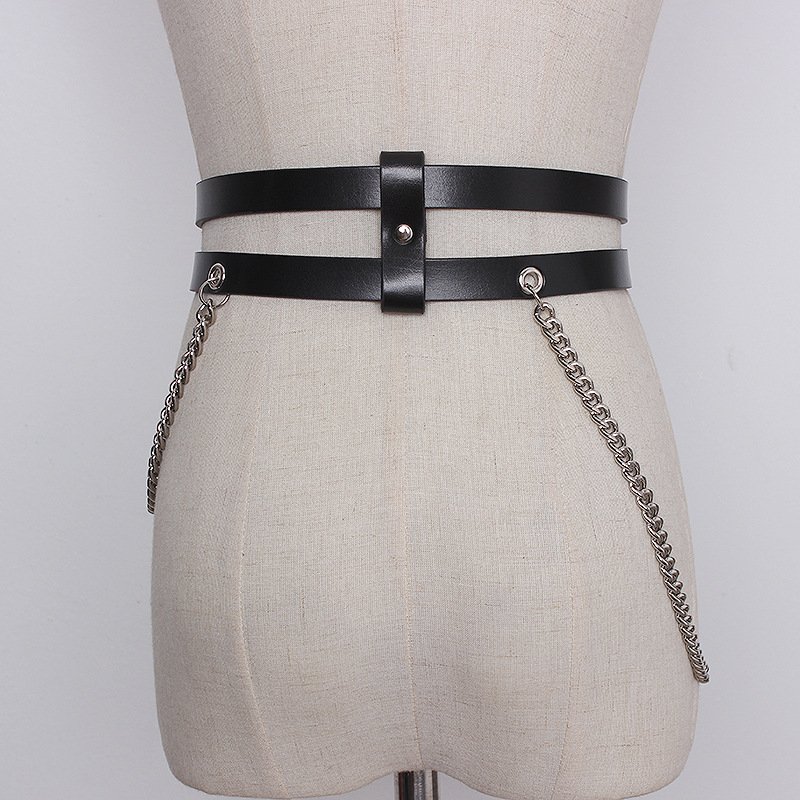 Women Fashion Punk Belts Chain For Double Layer Genuine Leather Belt Pin Buckle Clothing Decorative
