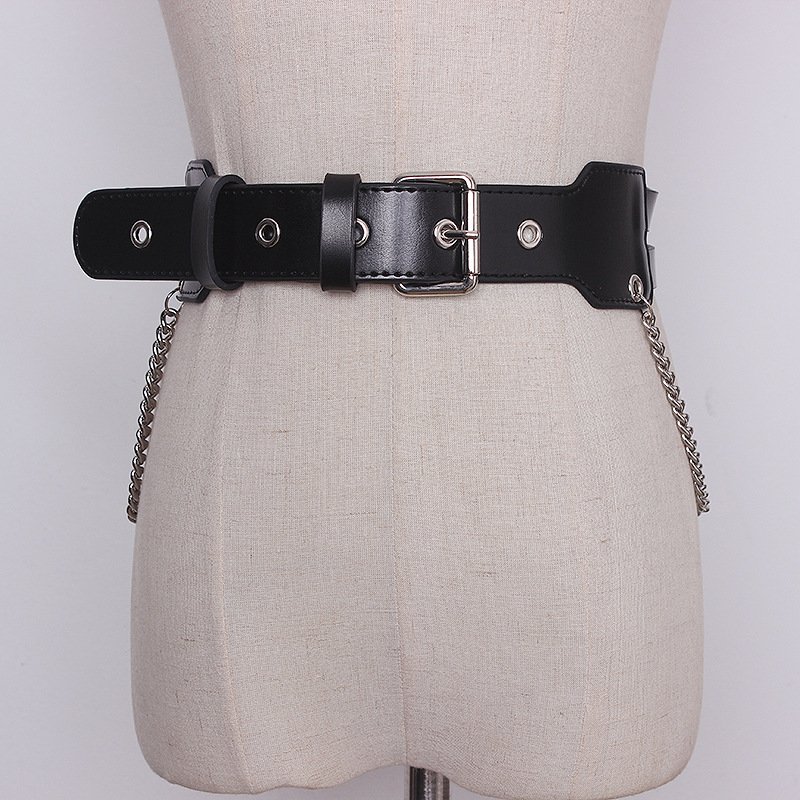 Women Fashion Punk Belts Chain For Double Layer Genuine Leather Belt Pin Buckle Clothing Decorative