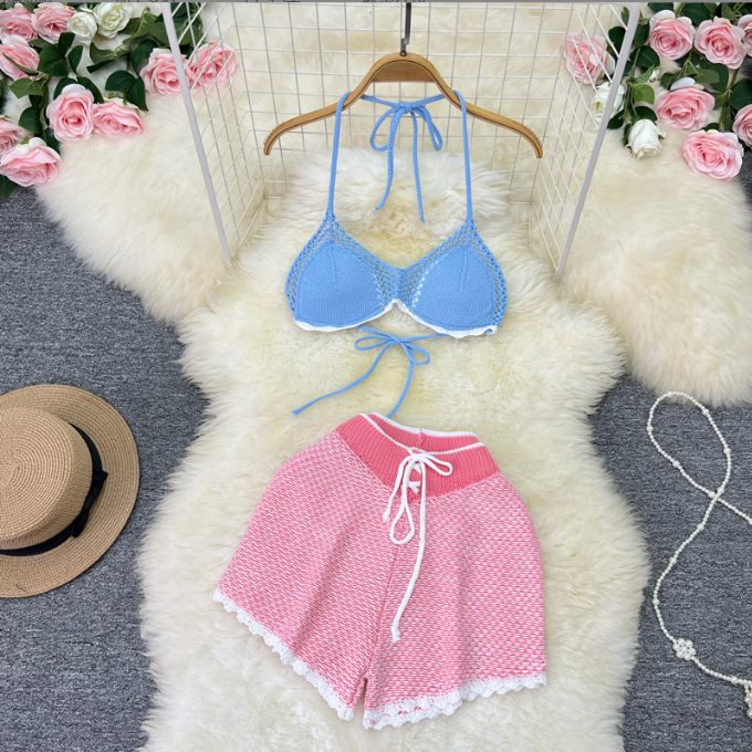 STOCK 3Colors Push Up Bikini Set Crochet Women Two Pieces Swimsuit Boyleg Short Bralette Top
