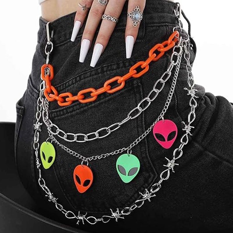 REWIN Hip Hop Layered Acrylic Saucer Man Keychains Jean Trouser Pants Chain Rock Goth Pocket Wallet Chain for Body Accessories
