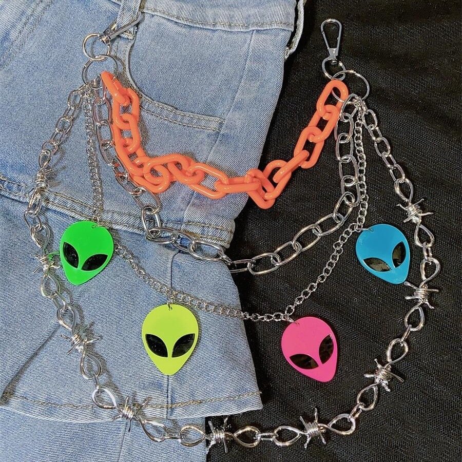 REWIN Hip Hop Layered Acrylic Saucer Man Keychains Jean Trouser Pants Chain Rock Goth Pocket Wallet Chain for Body Accessories
