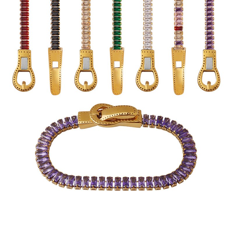 Luxury 18k Gold Plated Stainless Steel Full Cubic Zirconia Rectangle Colorful Bracelet Jewelry