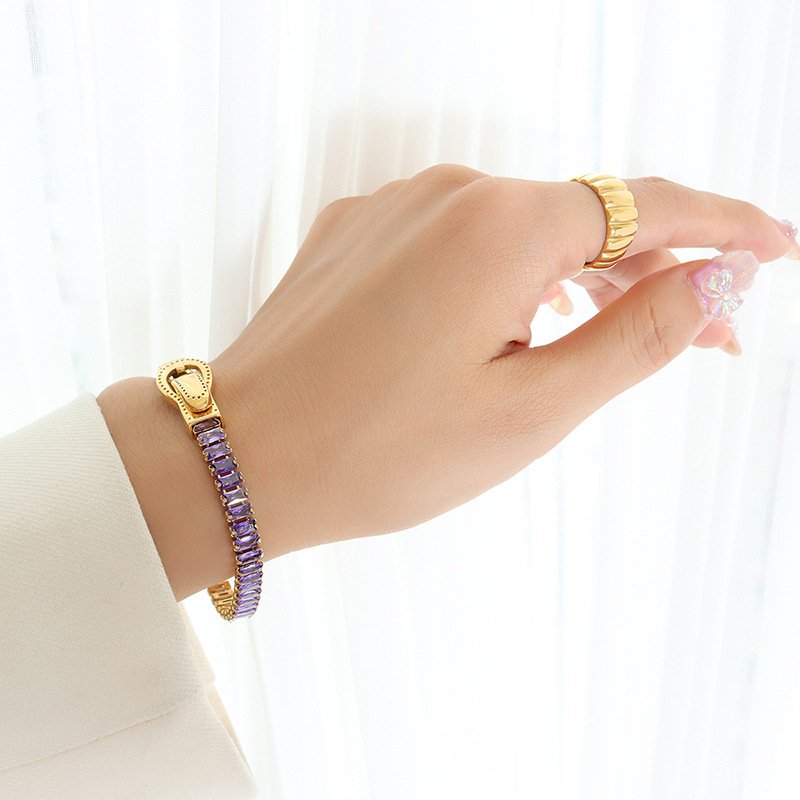 Luxury 18k Gold Plated Stainless Steel Full Cubic Zirconia Rectangle Colorful Bracelet Jewelry