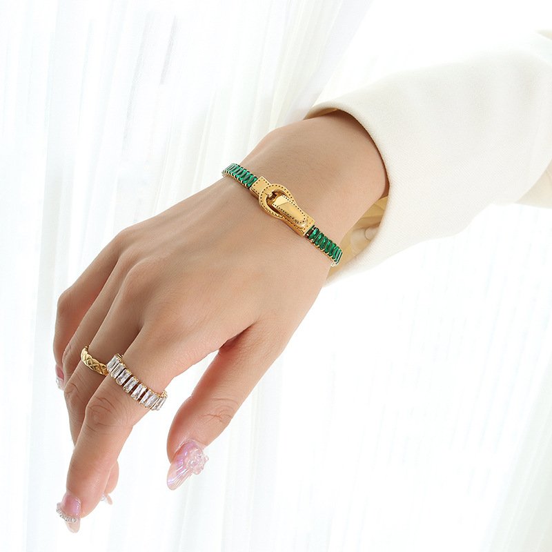 Luxury 18k Gold Plated Stainless Steel Full Cubic Zirconia Rectangle Colorful Bracelet Jewelry