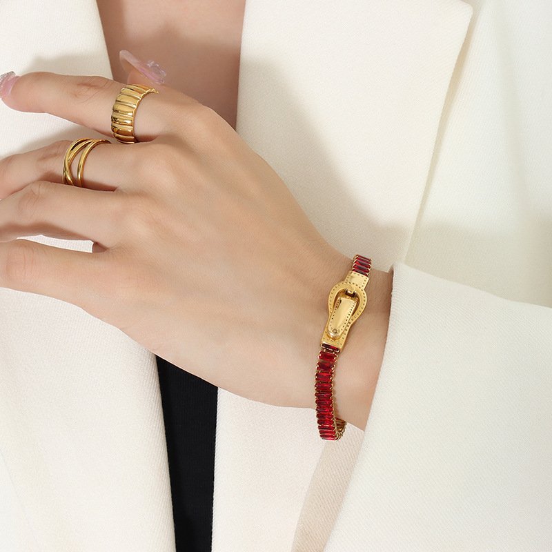 Luxury 18k Gold Plated Stainless Steel Full Cubic Zirconia Rectangle Colorful Bracelet Jewelry