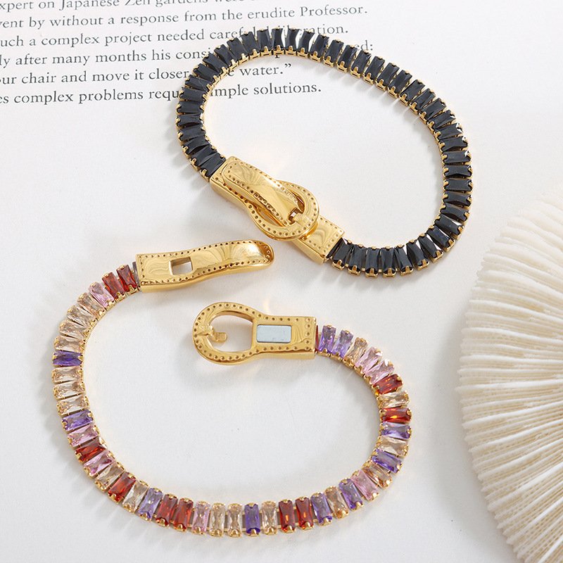 Luxury 18k Gold Plated Stainless Steel Full Cubic Zirconia Rectangle Colorful Bracelet Jewelry