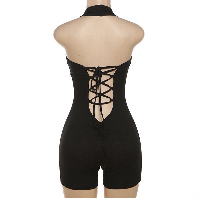 STOCK Two Colors V-NECK Hatler Women Jumpsuit Knitted Women Clothing Lace Up Back Boyleg Short Outfits